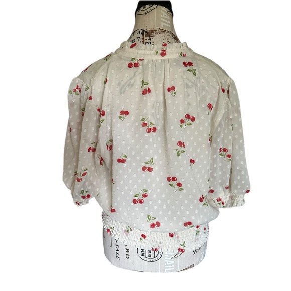 Joie Cherry Print Swiss Dot Peasant Blouse L Sheer Smocked Waist Cottage Flirty - Picture 3 of 16